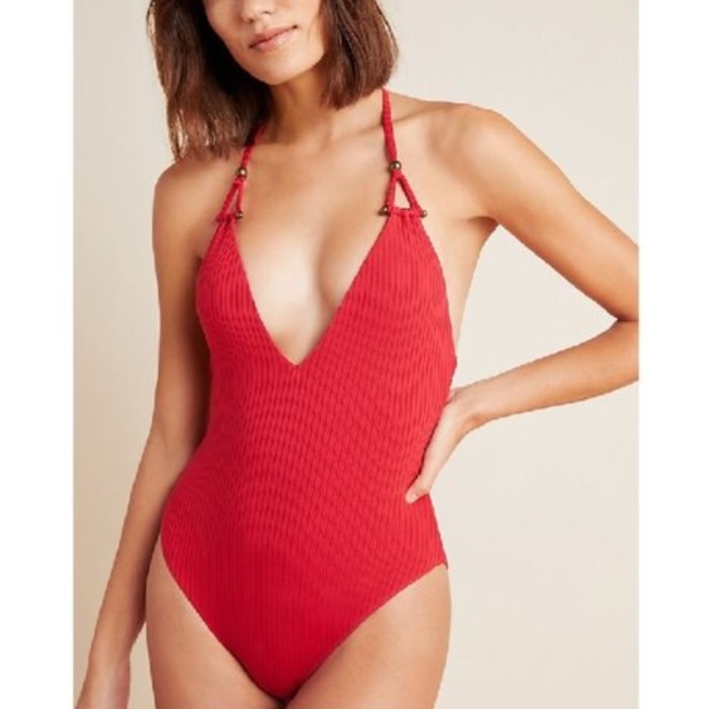 Red Carter Adanna Plunge One-Piece Halter Swimsuit